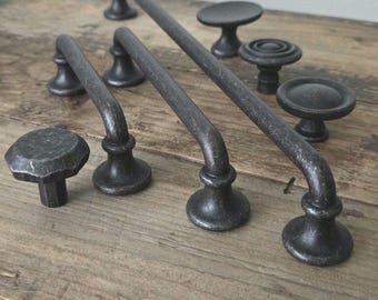 Rustic Black Iron Cabinet Handles and Knobs, 10'' Farmhouse Drawer Pulls, Vintage Kitchen Hardware Set
