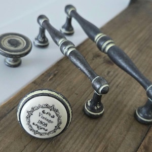 Italian Vintage Cabinet Pulls: Antique Black Rustic Ivory Hardware