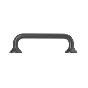 May include: A dark gray cabinet pull with a curved handle and flared base. The hardware is made of metal and is designed for use on drawers or cabinets. The pull has a simple, modern design.