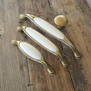 Antique Brass Cabinet Pulls, Porcelain Handles, French Country Hardware, Farmhouse Cabinet Knobs