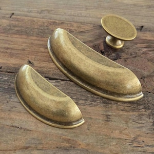 Antique Brass Cup Pulls and Knob Set: Italian Vintage Patina Hardware