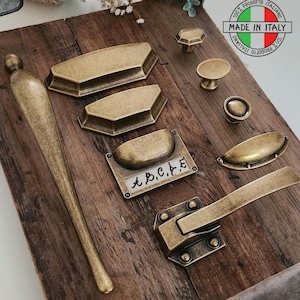 Vintage Apothecary Cabinet Hardware: Antique Brass Cup Pulls, Knobs, Label Holders - Made in Italy