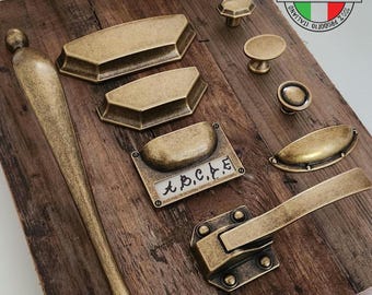 Vintage Apothecary Cabinet Hardware: Antique Brass Cup Pulls, Knobs, Label Holders - Made in Italy