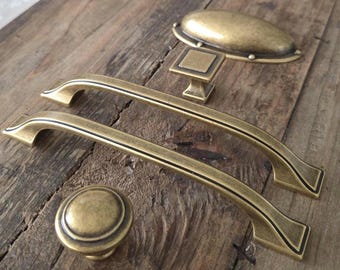 Vintage Italian Cabinet Hardware Set: Antique Brass Knobs, Drawer Pulls and Cup Pull