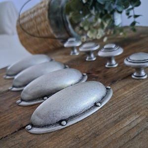 Antique Silver Cup Pull & Matching Cabinet Knob - Rustic Italian Kitchen Drawer Handles, Vintage Farmhouse Hardware - Made in Italy