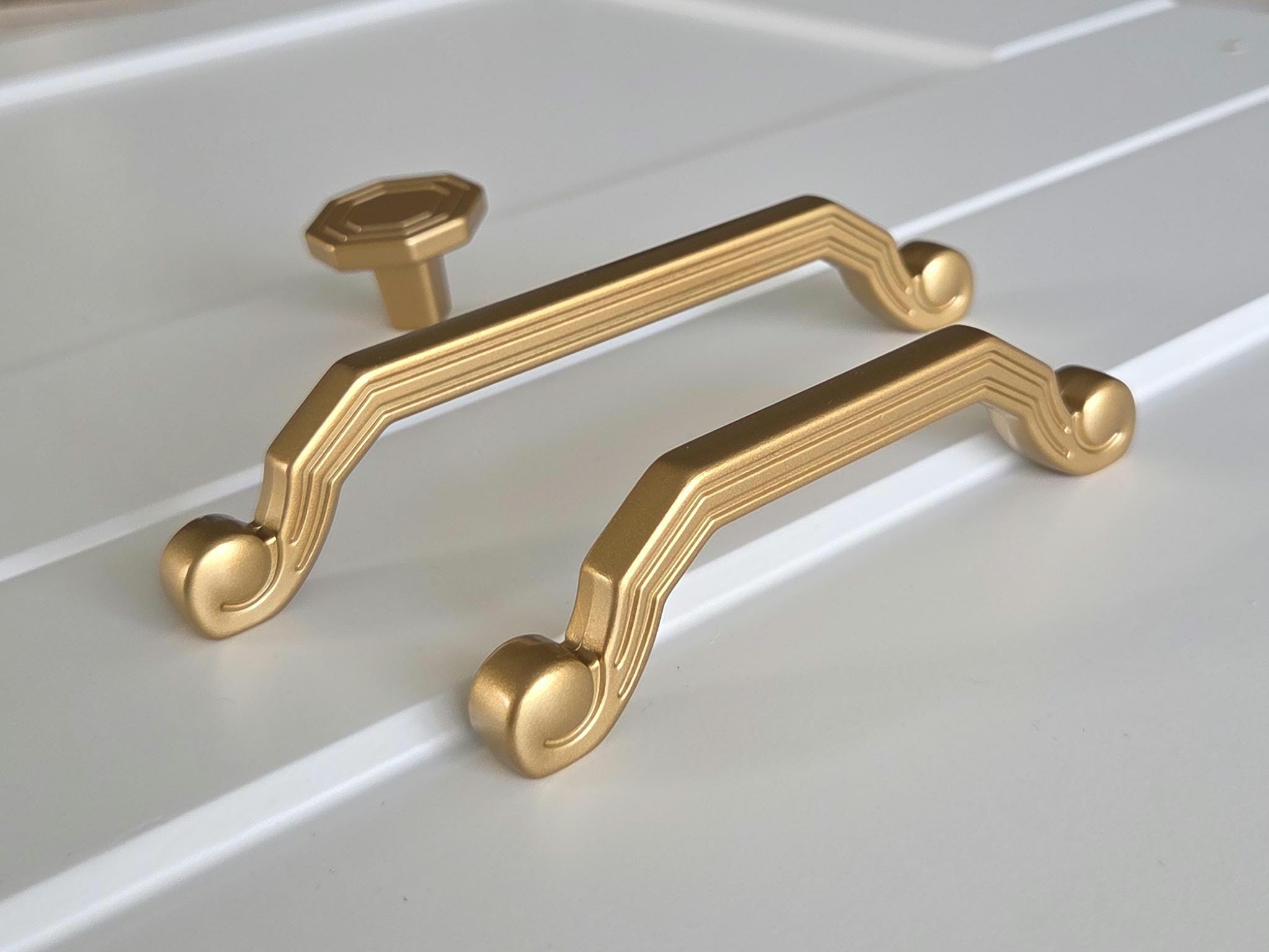 Satin Brass Cabinet Handles and Knob set, 96mm 128mm 160mm, Modern Farmhouse & Transitional Style, 3'' 5'' 6'' Premium Italian Craftsmanship