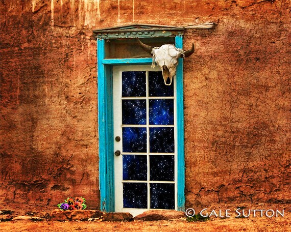 Old Adobe House Southwest Art Door Blue Door Starry Night Etsy