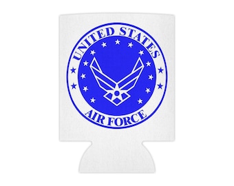 May include: White can cooler with a blue circle containing the words "United States Air Force" and a white Air Force logo.