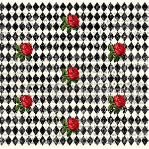 May include: A repeating pattern featuring a black and white diamond harlequin design overlaid with vintage-style text and scattered, vibrant red roses with green leaves. The overall aesthetic combines a classic geometric grid with floral elements.