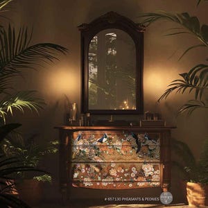 May include: A dark wood dresser with three drawers, adorned with a floral and bird design. A large mirror hangs above the dresser. The text "# 657130 PHEASANTS & PEONIES" is visible on the bottom of the dresser.