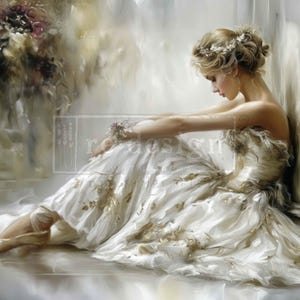 May include: An oil painting style illustration of a person with blonde hair in an updo, wearing a white gown with gold floral accents and ballet slippers, sitting on the floor in a profile view with the text redesign visible in the center.