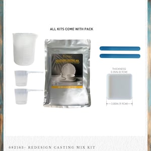 May include: A casting mix kit with a measuring cup, two scoops, a silver package of casting mix, two blue strips, and a square mold. The mold is 3.85 inches (9.9 cm) wide and 0.35 inches (0.9 cm) thick. The text "ALL KITS COME WITH PACK" is visible.