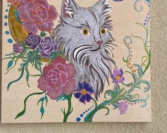 Lienzo con estampado floral de gatos pintado a mano – Apoya nuestro santuario de gatos