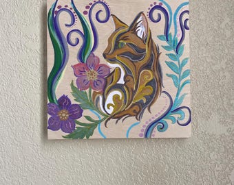 Lienzo con diseño de gato pintado a mano y con un toque de fantasía – Apoya nuestro santuario de gatos