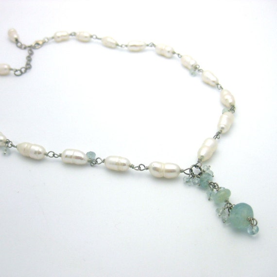 Items similar to Pearl and aquamarine necklace sterling silver ...
