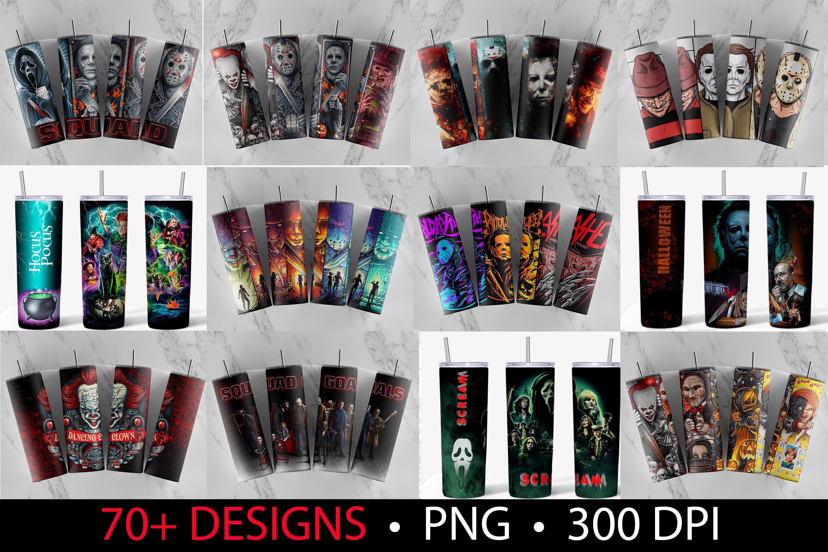 70+ Horror Tumbler Bundle, PNG File Digital Download, Movie, Scary, Drinkware, Stanley, Cinema, Hot and Cold, Canva, Photoshop
