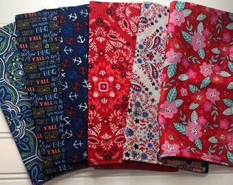 Set of 6 2 ply Cotton 8" Everyday Cloth Napkins Blue Red  Mixed Print