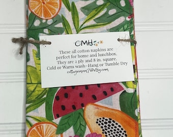 Set of 4 2 ply  8” Cloth Napkins Tropical Fruit Print