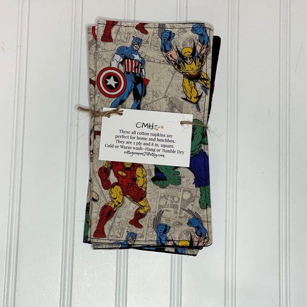 Set of 4 2 ply Cotton 8" Everyday Cloth Napkins Marvel Super Heroes Print
