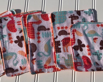 Set of 10  Flannel  Reusable Wipes , Washcloths, Cloth Napkins...Colorful Animal Print