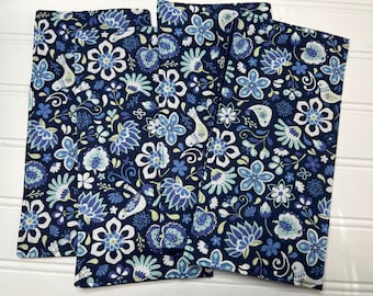 Set of 4 2 ply  10" Cotton Cloth Napkins  Blue Flower and Bird Print