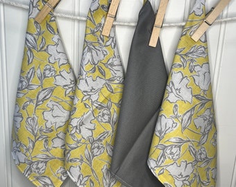 Guardanapos de algodão com estampa floral - Amarelo e cinza - Conjunto de 4