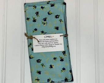 Set of 4 " 2 Ply Cotton  Cloth Napkins Blue on Blue Flower  Print Lunchbox/Luncheon