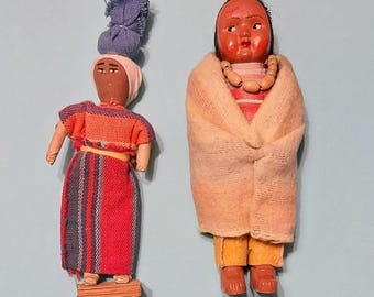 Vintage Native American 6" SKOOKUM Bully Doll & 6" Huipil Guatamalan Worry Doll