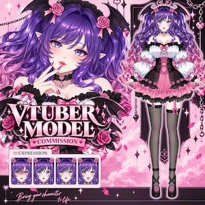 Op de afbeelding: Een digitale illustratie van een VTuber-modelcommissie met een personage met lang paars haar, vleermuisvleugels en roze rozen. Het personage draagt een zwart-roze jurk met witte mouwen. De tekst luidt VTUBER MODEL COMMISSION.