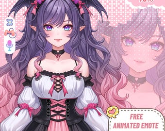 May include: A digital illustration of a purple-haired anime character with pink highlights, wearing a black and white dress with pink accents. The character has bat wings and elf ears. The image includes the text "DISCOUNT 70%" and "FREE ANIMATED EMOTE & VTUBER LOGO".