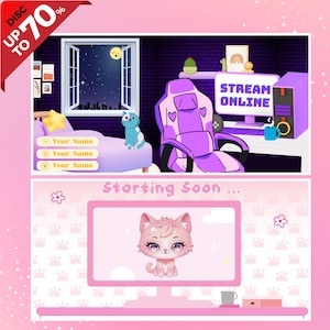 May include: A pink and purple gaming setup with a pink cat avatar on the screen. The text "STREAM ONLINE" is displayed on the computer monitor. The text "Starting Soon..." is displayed below the monitor.