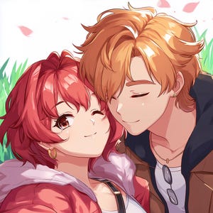 May include: An anime-style illustration of a couple embracing. The woman has short, red hair and is wearing a red jacket. The man has blond hair and is wearing a brown jacket over a black shirt. They are surrounded by green grass and pink flower petals.