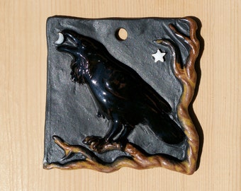 Stoneware Raven Plaque with Moon and Star—Red Clay Version—Original Design, Cast in Original Mold