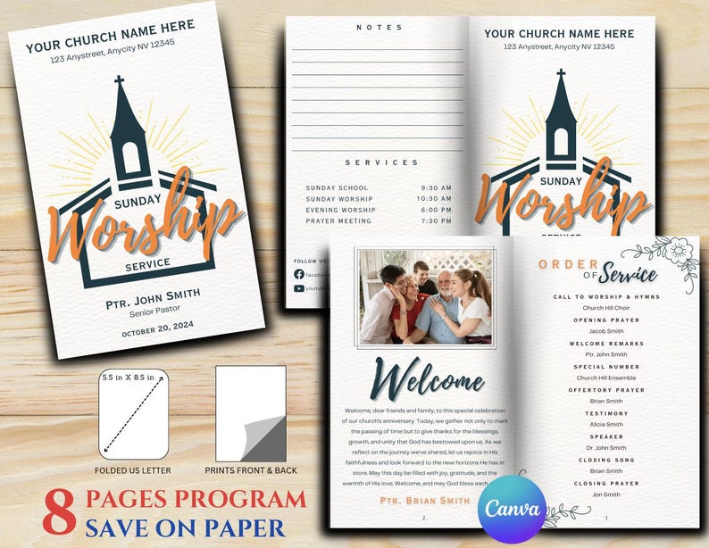 8 Pages Church Sunday Worship Service Program Canva Editable Template
