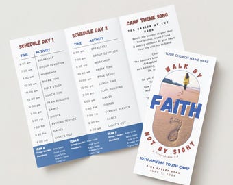 Church Youth Camp Program Template: Trifold Brochure (US Letter, Canva Editable)