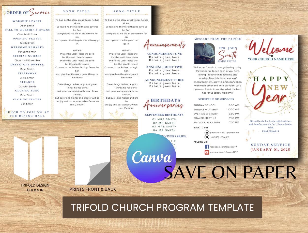 Service Handouts Trifold New Year Church Service Program Template | Canva Editable ...