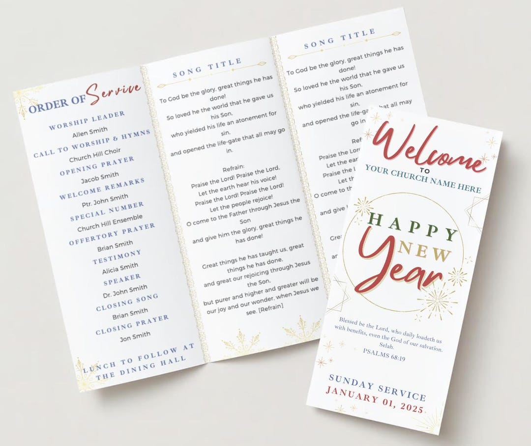 Service Handouts Trifold New Year Church Service Program Template | Canva Editable ...