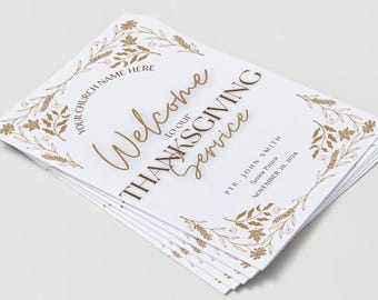 May include: A stack of white paper programmes with a gold floral border and the text "Welcome to our Thanksgiving Service" and "PTR. JOHN SMITH Senior Pastor NOVEMBER 20, 2024".