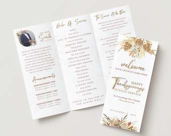 May include: A Thanksgiving Sunday service programme with a gold and white design. The programme includes a welcome message, order of service, and announcements. The programme is decorated with autumn leaves and pine cones.