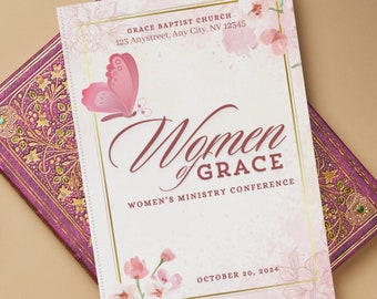 Può includere: Un invito rosa e bianco con un design a farfalla e floreale. Il testo recita "Women of Grace Women's Ministry Conference October 20, 2024".
