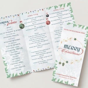 Puede incluir: Un orden del servicio para un servicio de Nochebuena con un fondo verde y blanco. El orden del servicio incluye una llamada al culto, himnos, una oración de apertura, palabras de bienvenida, un número especial, una oración de ofrenda, un testimonio, un orador, un canto de cierre y una oración de cierre. El orden del servicio también incluye dos canciones con letras. El orden del servicio se titula "Servicio de Nochebuena" y la fecha es el 25 de diciembre de 2024.