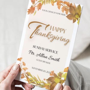 May include: A Thanksgiving service announcement with a watercolor background of fall leaves. The text reads "Happy Thanksgiving", "Sunday Service", "Ptr. Allan Smith", "Guest Speaker", and "November 20, 2024".