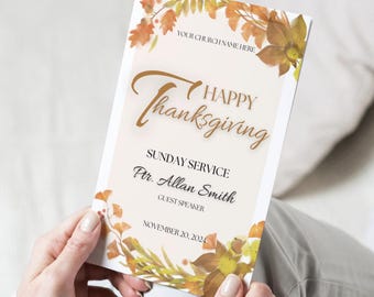 May include: A Thanksgiving service announcement with a watercolour background of autumn leaves. The text reads "Happy Thanksgiving", "Sunday Service", "Ptr. Allan Smith", "Guest Speaker", and "November 20, 2024".