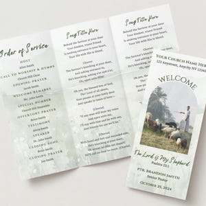 Programa del servicio de adoración dominical de la iglesia Trifold / Plantilla editable en Canva / Folleto / Boletín / Carta de EE. UU.