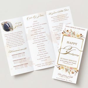 Peut inclure: Un programme d'église à trois volets avec un motif floral et des accents dorés. La couverture avant présente le texte "Joyeux Thanksgiving" et la date "20 novembre 2024". Les pages intérieures comprennent l'ordre du service pour le service du dimanche, avec des détails tels que l'hôte, l'appel au culte, la musique spéciale et les conférenciers.