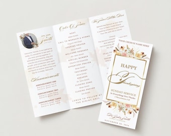May include: A tri-fold church programme with a floral design and gold accents. The front cover features the text "Happy Thanksgiving" and the date "November 20, 2024". The inside pages include the order of service for the Sunday service, with details such as the host, call to worship, special music, and speakers.