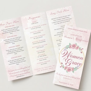 May include: A pink and white tri-fold brochure with a floral design and the text "Women of Grace" in a gold circle. The brochure is for a 10th annual Women's Conference. The text "For by grace are ye saved through faith" is also included.