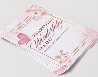 Può includere: Una pila di volantini rosa e bianchi per eventi con disegni floreali e farfalle. Il testo recita "Fearfully Wonderfully Made Women's Ministry Conference" e include la data "October 20, 2024".