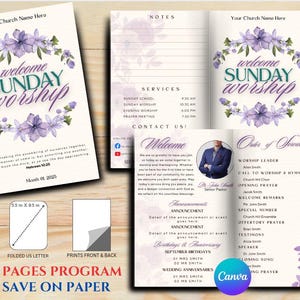 Op de afbeelding: Een vier pagina's tellend programma met een bloemenontwerp en de woorden "welcome SUNDAY worship". Het programma bevat diensttijden, aankondigingen en een volgorde van de dienst. Het programma is ontworpen om dubbelzijdig te worden afgedrukt op gevouwen A5-papier, 14 x 21,6 cm.