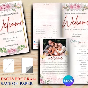 8 Page Church Program for Weekly Sunday Service or Event | Editable CANVA Template | Brochure | Bulletin | Handouts | Bifold | US Letter